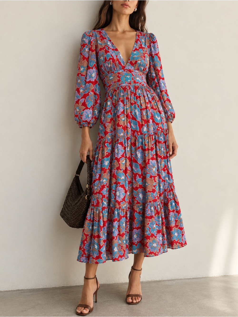LIKE NEW Caroline Constas Floral V-Neck Tiered Maxi Midi Dress Long Sleeve